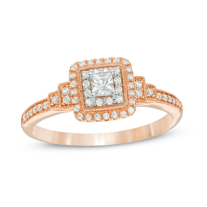 Main Image 1 of 1/3 CT. T.W. Princess-Cut Diamond Double Frame Collar Vintage-Style Engagement Ring in 14K Rose Gold