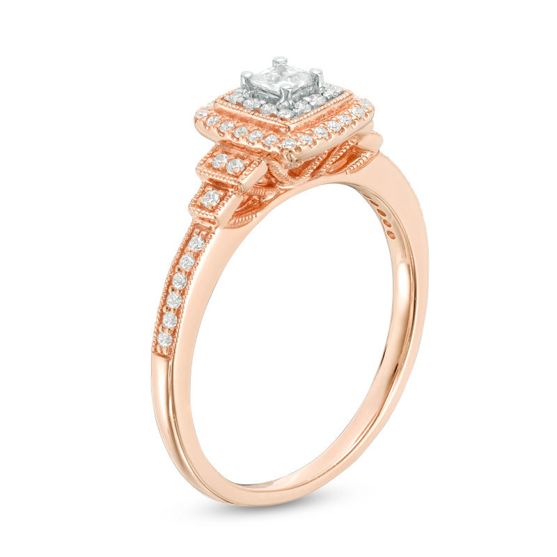 Main Image 2 of 1/3 CT. T.W. Princess-Cut Diamond Double Frame Collar Vintage-Style Engagement Ring in 14K Rose Gold