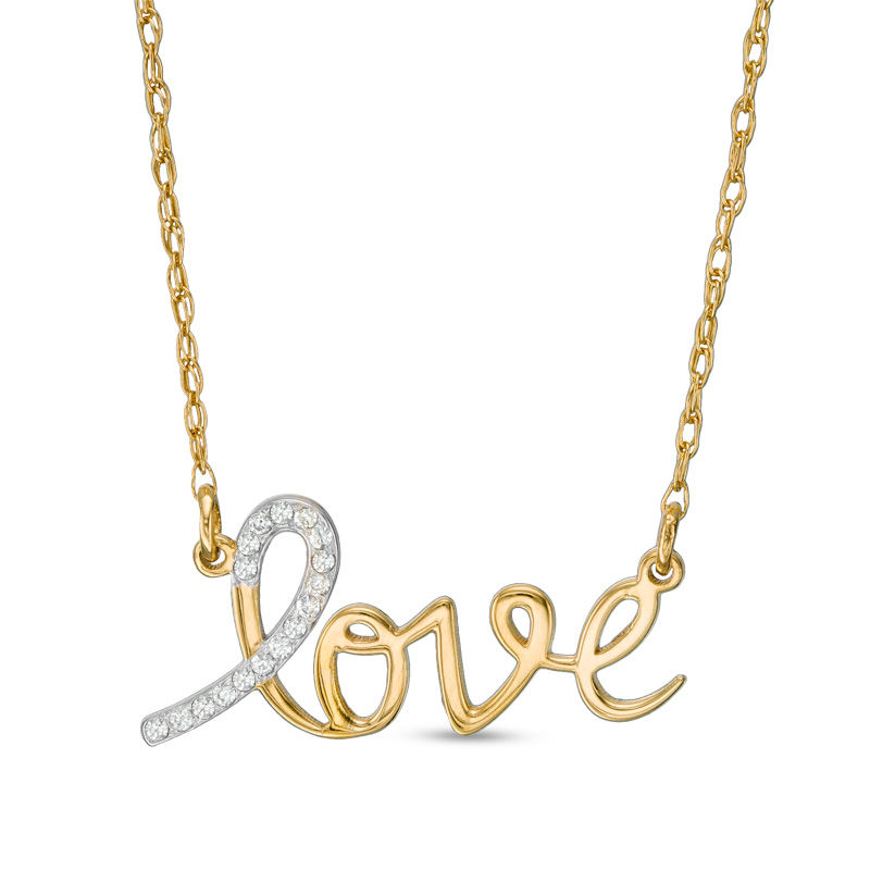 Main Image 1 of 1/20 CT. T.W. Diamond Laser-Cut "love" Necklace in 10K Gold