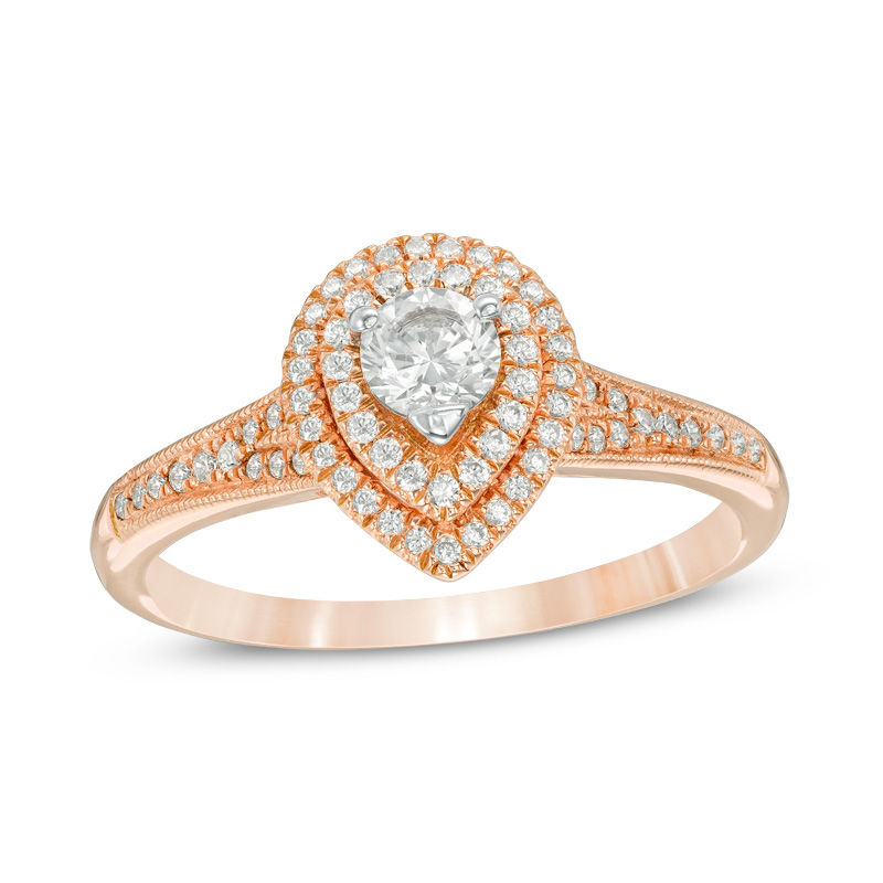 Main Image 1 of 1/2 CT. T.W. Diamond Double Pear-Shaped Frame Vintage-Style Engagement Ring in 14K Rose Gold