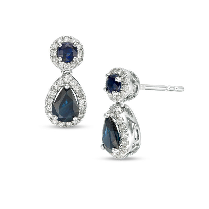 Blue Sapphire and 1/4 CT. T.W. Diamond Frame Drop Earrings in 10K White Gold
