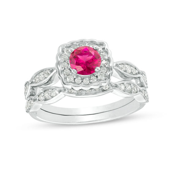 5.0mm Lab-Created Ruby and 3/8 CT. T.w. Diamond Square Scallop Frame Bridal Set in 10K White Gold