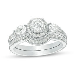 5.0mm Lab-Created White Sapphire and 1/6 CT. T.W. Diamond Frame Bridal Set in Sterling Silver