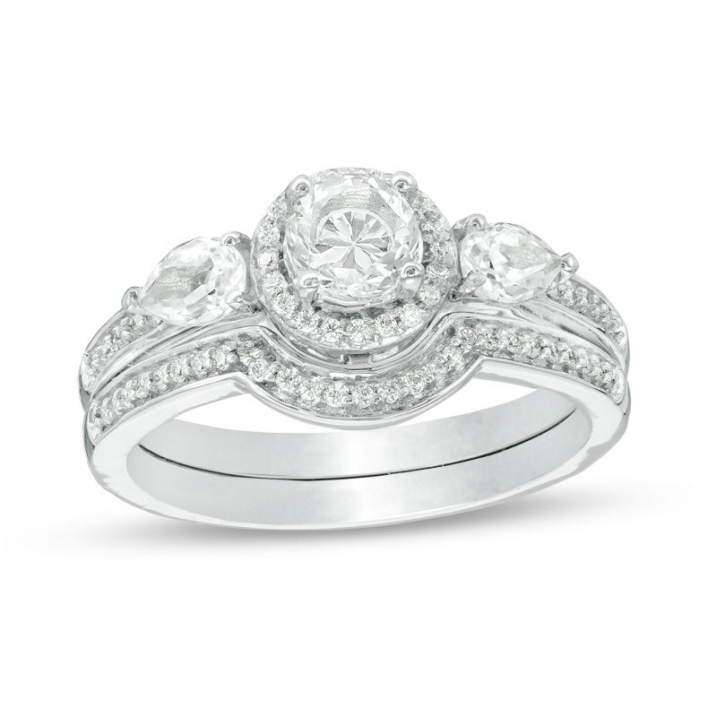 5.0mm Lab-Created White Sapphire and 1/6 CT. T.W. Diamond Frame Bridal Set in Sterling Silver