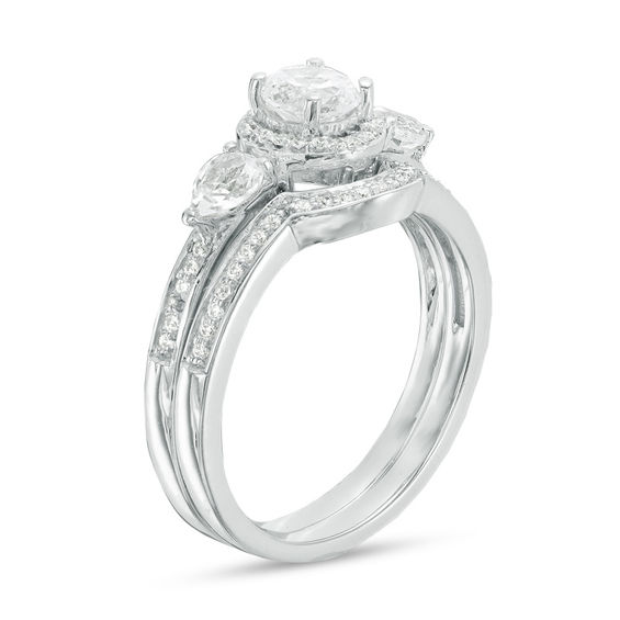 5.0mm Lab-Created White Sapphire and 1/6 CT. T.w. Diamond Frame Bridal Set in Sterling Silver