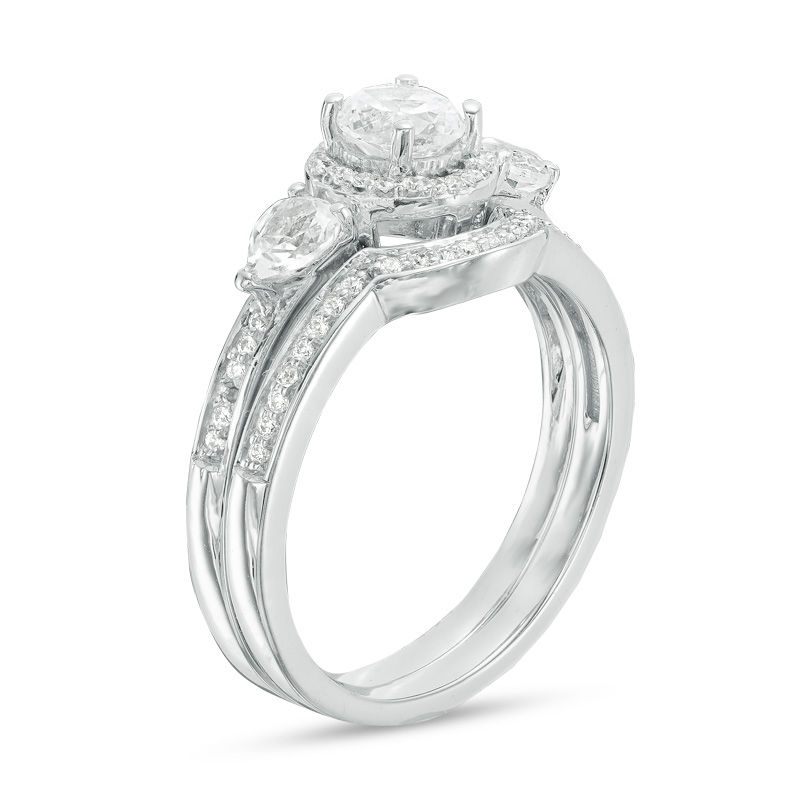 5.0mm Lab-Created White Sapphire and 1/6 CT. T.W. Diamond Frame Bridal Set in Sterling Silver