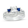 Thumbnail Image 0 of Princess-Cut Lab-Created Blue and White Sapphire with 3/8 CT. T.W. Diamond Three Stone Bridal Set in Sterling Silver