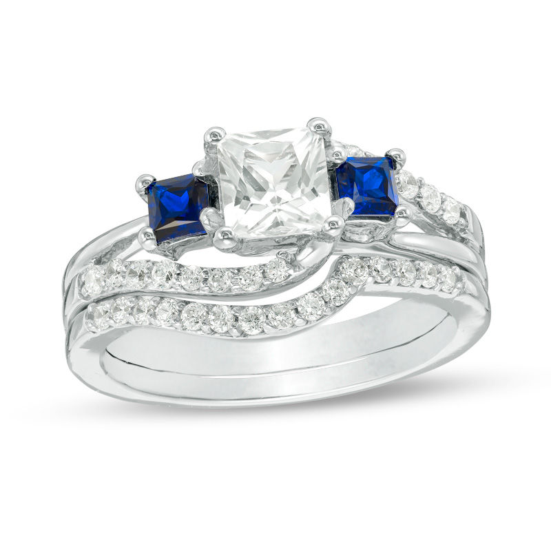 Princess-Cut Lab-Created Blue and White Sapphire with 3/8 CT. T.W. Diamond Three Stone Bridal Set in Sterling Silver