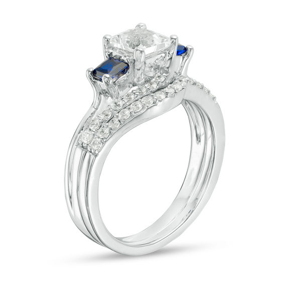 Princess-Cut Lab-Created Blue and White Sapphire with 3/8 CT. T.w. Diamond Three Stone Bridal Set in Sterling Silver