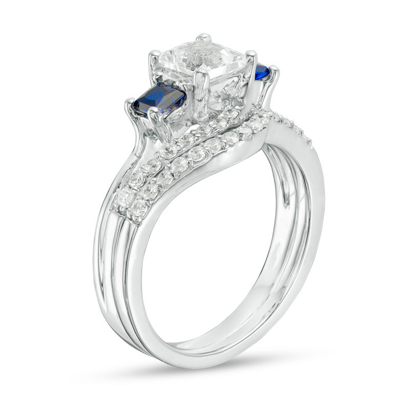 Princess-Cut Lab-Created Blue and White Sapphire with 3/8 CT. T.W. Diamond Three Stone Bridal Set in Sterling Silver