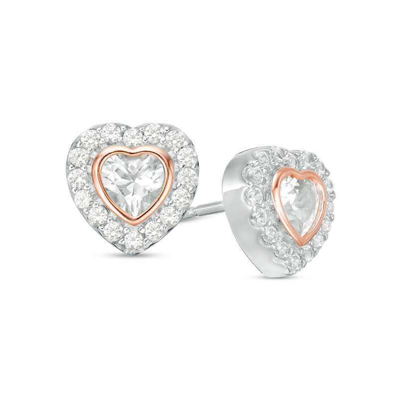 4.0mm Lab-Created White Sapphire Framed Heart Stud Earrings in Sterling Silver and 14K Rose Gold Plate