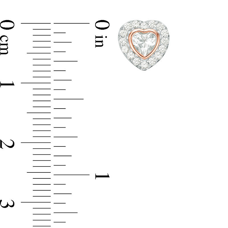 4.0mm Lab-Created White Sapphire Framed Heart Stud Earrings in Sterling Silver and 14K Rose Gold Plate