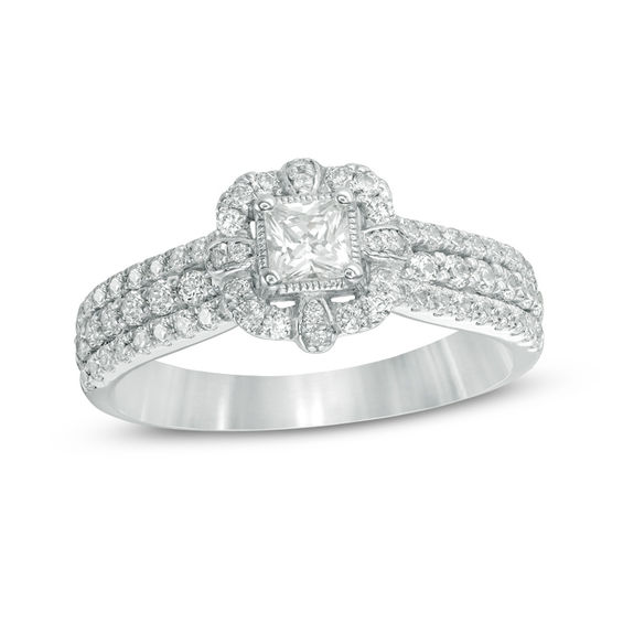 1 CT. T.w. Princess-Cut Diamond Frame Multi-Row Vintage-Style Engagement Ring in 14K White Gold