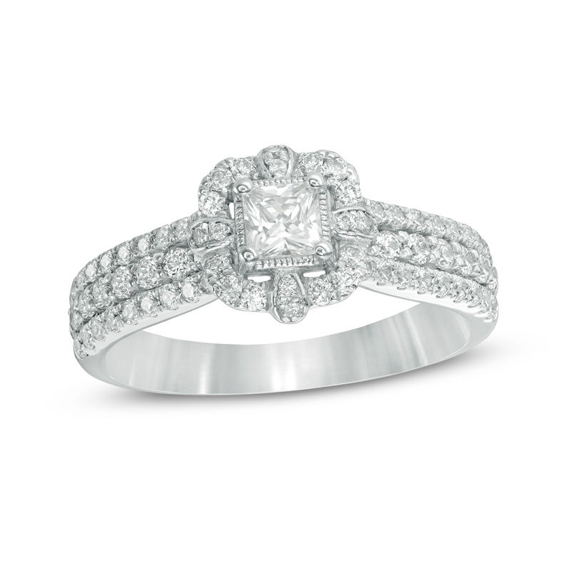 Main Image 1 of 1 CT. T.W. Princess-Cut Diamond Frame Multi-Row Vintage-Style Engagement Ring in 14K White Gold