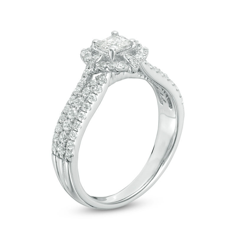 Main Image 2 of 1 CT. T.W. Princess-Cut Diamond Frame Multi-Row Vintage-Style Engagement Ring in 14K White Gold