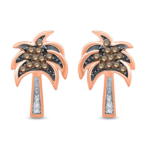 1/8 CT. T.w. Champagne and White Diamond Palm Tree Stud Earrings in 10K Rose Gold