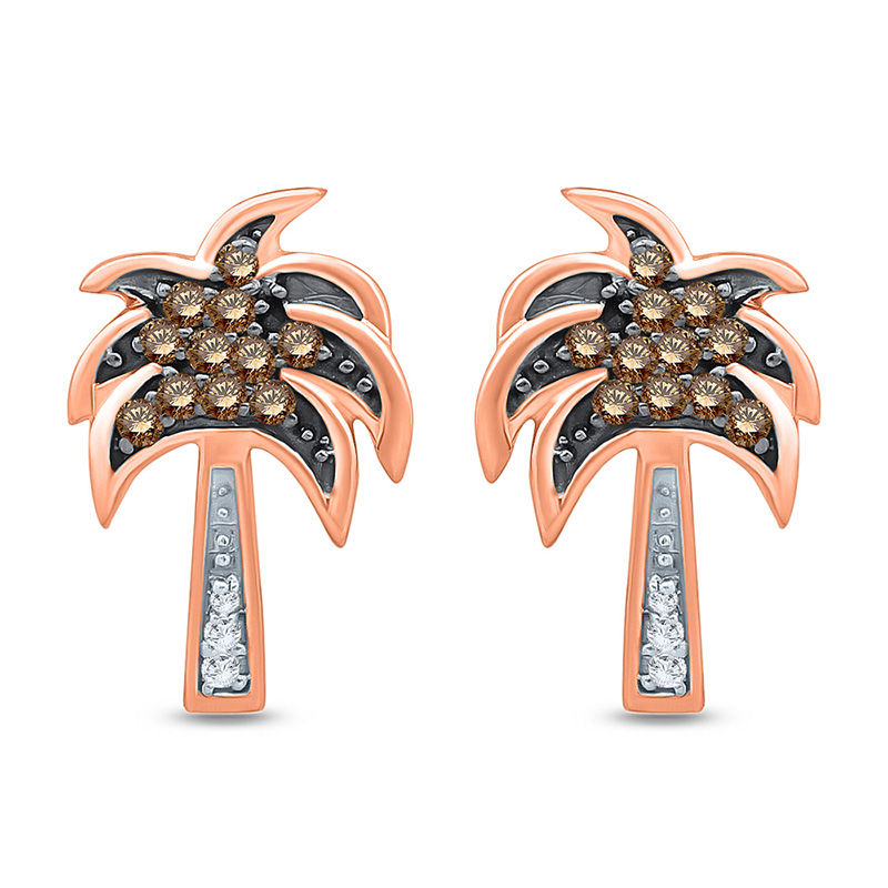 1/8 CT. T.W. Champagne and White Diamond Palm Tree Stud Earrings in 10K Rose Gold