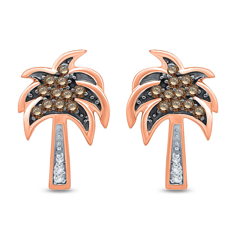 Main Image 1 of 1/8 CT. T.W. Champagne and White Diamond Palm Tree Stud Earrings in 10K Rose Gold