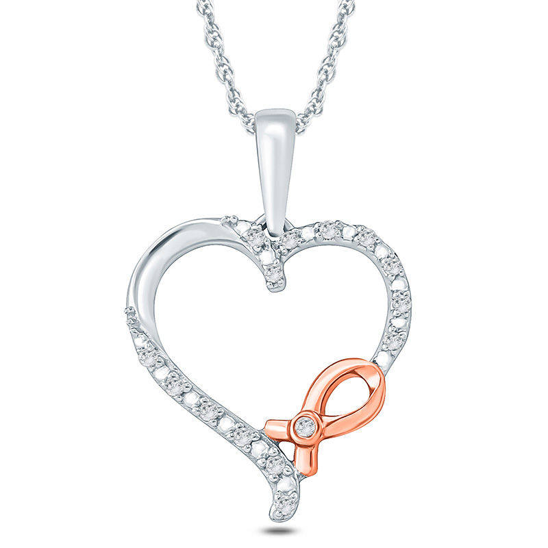 Main Image 1 of 1/20 CT. T.W. Diamond Awareness Ribbon and Heart Pendant in 10K Two-Tone Gold
