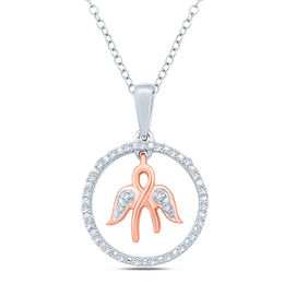 1/20 CT. T.W. Diamond Ribbon with Angel Wings Dangle and Circle Pendant in Sterling Silver with 14K Rose Gold Plate
