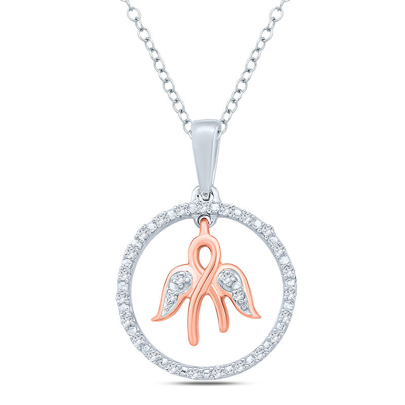 Main Image 1 of 1/20 CT. T.W. Diamond Ribbon with Angel Wings Dangle and Circle Pendant in Sterling Silver with 14K Rose Gold Plate