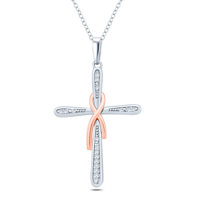 1/20 CT. T.W. Diamond Awareness Ribbon and Cross Pendant in Sterling Silver with 14K Rose Gold Plate