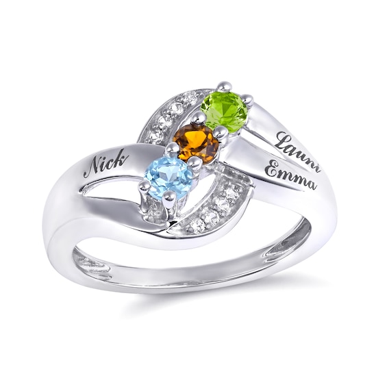 Mother's 4.0mm Birthstone and Lab-Created White Sapphire Bypassing Split Shank Ring (1-3 Stones and Names)
