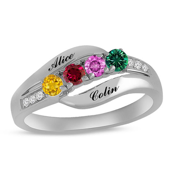 Mother's 4.0mm Birthstone and Lab-Created White Sapphire Bypass Wave Ring (1-4 Stones and 2 Names)