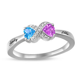Couple's 4.0mm Heart-Shaped Birthstone and Beaded Infinity Ring (2 Stones and Names)