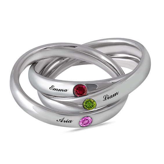 Mother's 3.0mm Bezel-Set Birthstone Interlocking Stackable Ring (1-3 Stones and Names)