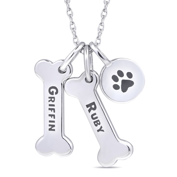 Double Dog Bone and Paw Charm Pendant (2 Names)