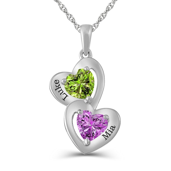 Couple's 6.0mm Birthstone Double Heart Drop Pendant (2 Stones and Names)