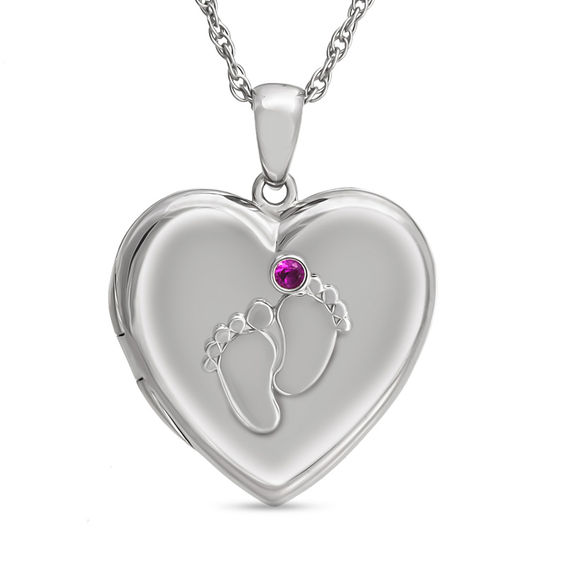 Mother's 2.0mm Birthstone Footprints Heart Locket (1 Stone and 3 Lines)