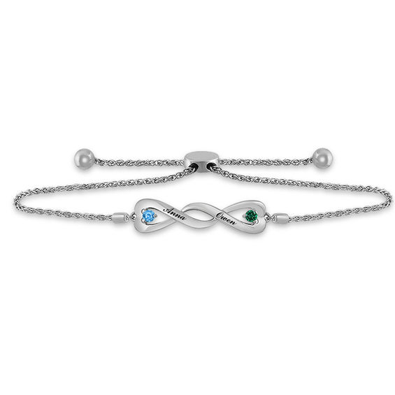 Couple's 3.0mm Birthstone Twisted Heart Infinity Bolo Bracelet in Sterling Silver (2 Stones and Names) - 8"