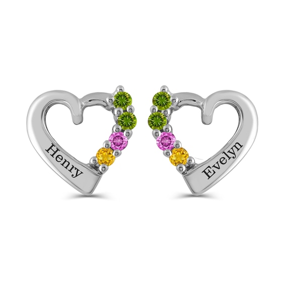 Mother's Birthstone Heart Outline Stud Earrings (1-4 Stones and 2 Lines)