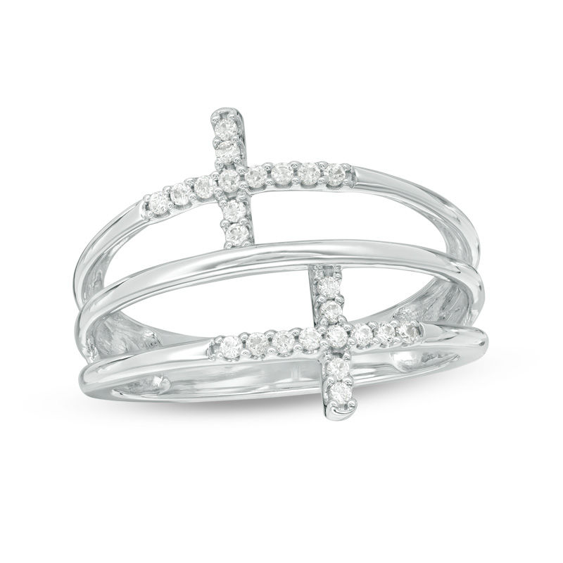 1/8 CT. T.W. Diamond Double Sideways Cross Split Ring in 10K White Gold