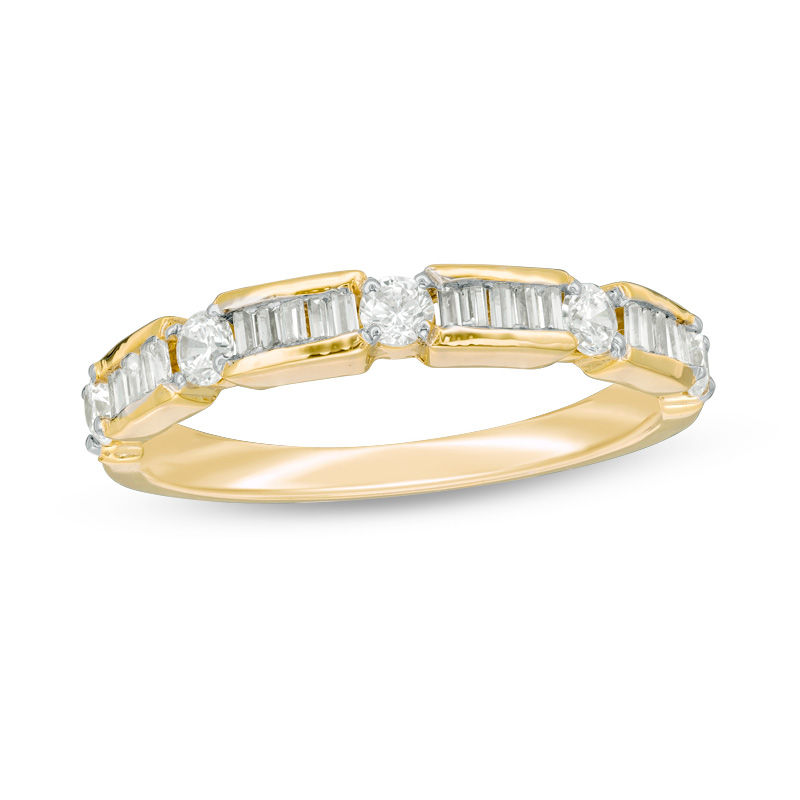 1/2 CT. T.W. Baguette and Round Diamond Alternating Wedding Band in 10K Gold