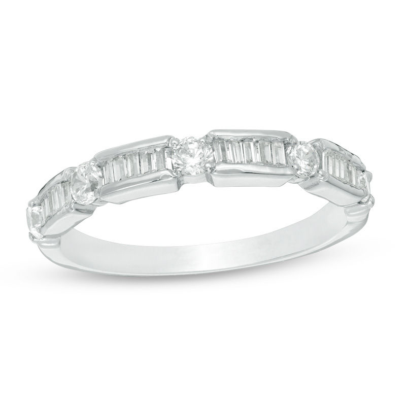 1/2 CT. T.W. Baguette and Round Diamond Alternating Wedding Band in 10K White Gold