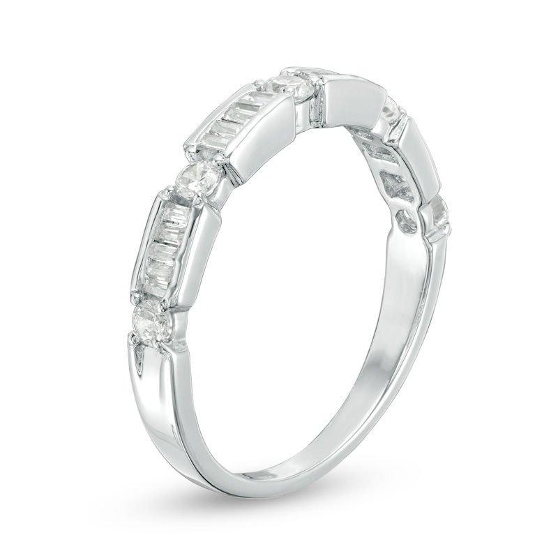 1/2 CT. T.W. Baguette and Round Diamond Alternating Wedding Band in 10K White Gold