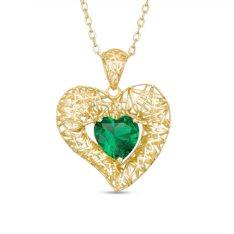 Main Image 1 of 6.0mm Lab-Created Green Spinel Mesh Basket Heart Pendant in 10K Gold