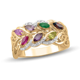 Mother's Marquise Birthstone and Diamond Accent Ornate Leaf Ring (3-7 Stones)