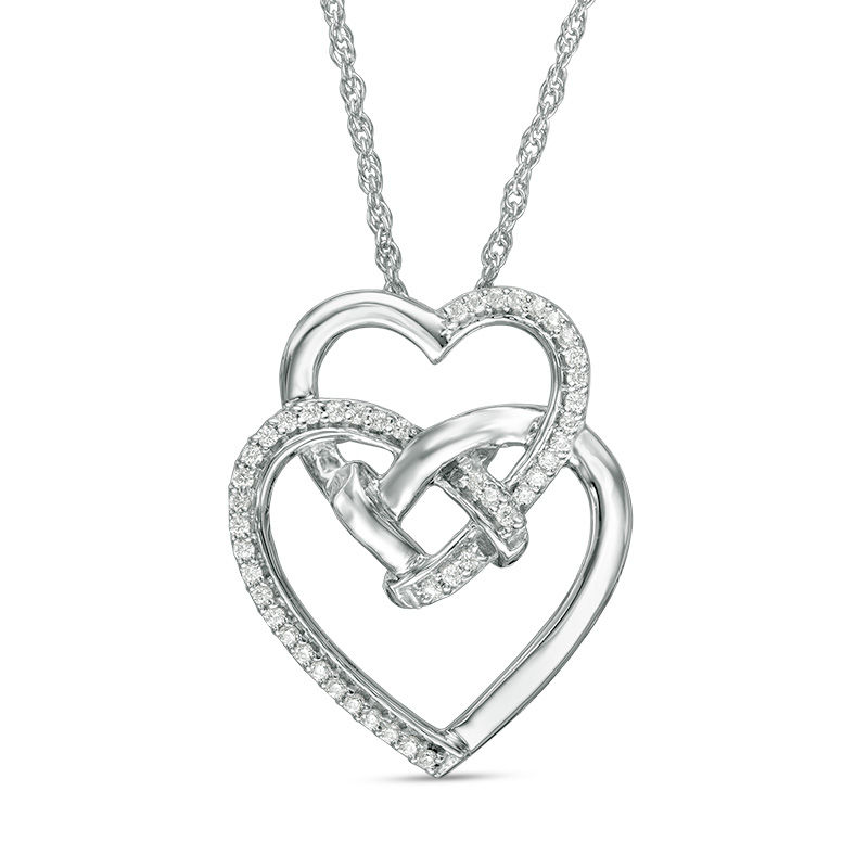 1/10 CT. T.W. Diamond Double Heart with Square Knot Pendant in Sterling Silver
