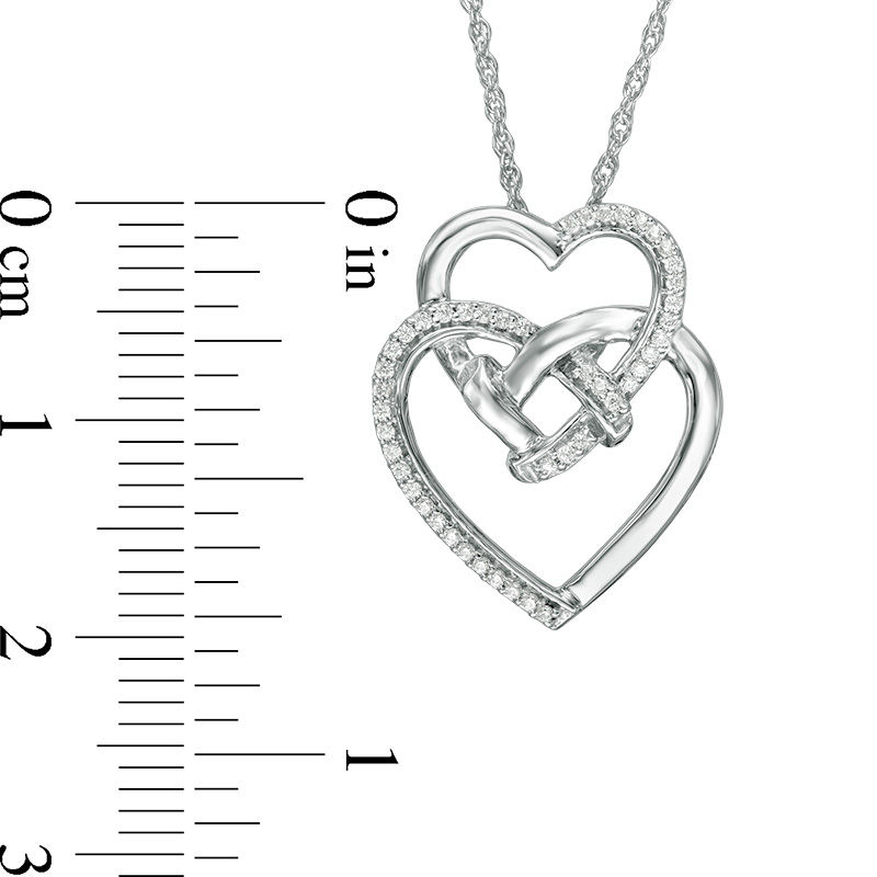 1/10 CT. T.W. Diamond Double Heart with Square Knot Pendant in Sterling Silver