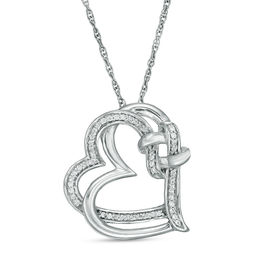 1/10 CT. T.W. Diamond Love Knot Double Tilted Heart Pendant in Sterling Silver