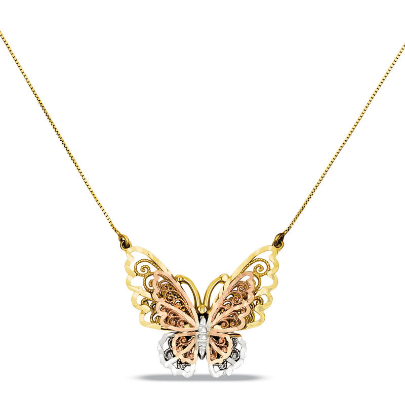 Scrollwork Butterfly Necklace in 14K Tri-Tone Gold