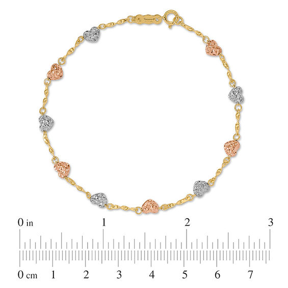 Diamond-Cut Puffed Heart Station Bracelet in 14K Tri-Tone Gold