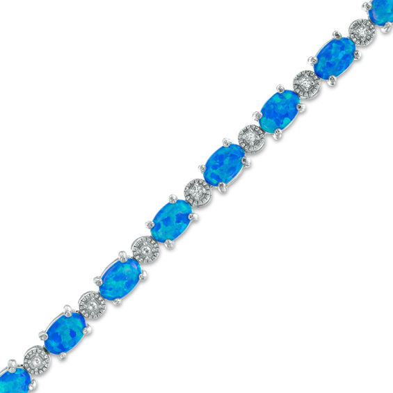 Oval Simulated Blue Opal and Lab-Created White Sapphire Tennis Bracelet in Sterling Silver - 7.5"