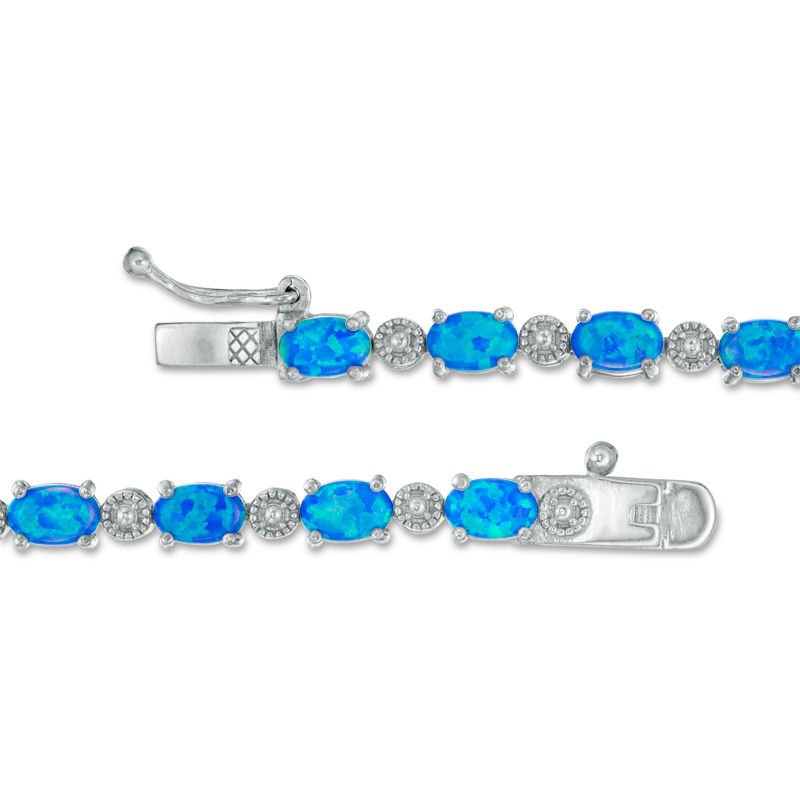 Oval Simulated Blue Opal and Lab-Created White Sapphire Tennis Bracelet in Sterling Silver - 7.5"