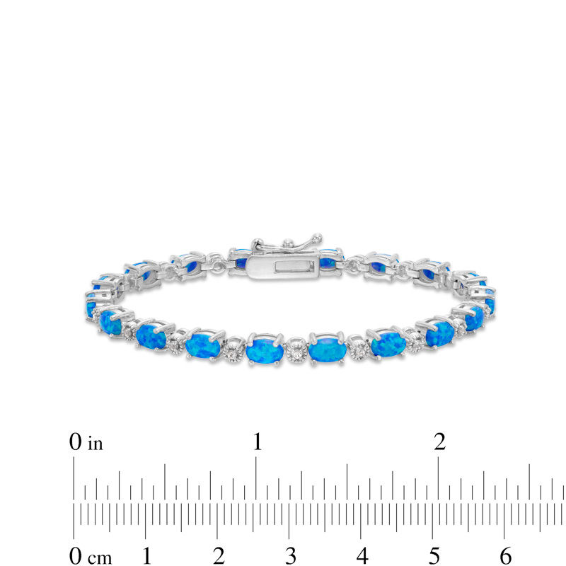 Oval Simulated Blue Opal and Lab-Created White Sapphire Tennis Bracelet in Sterling Silver - 7.5"