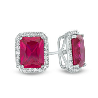 Emerald Cut Lab Created Ruby And White Shire Octagonal Frame Stud Emerald Cut Lab Created Ruby And White Shire Octagonal Frame Stud Earrings In Sterling Silver